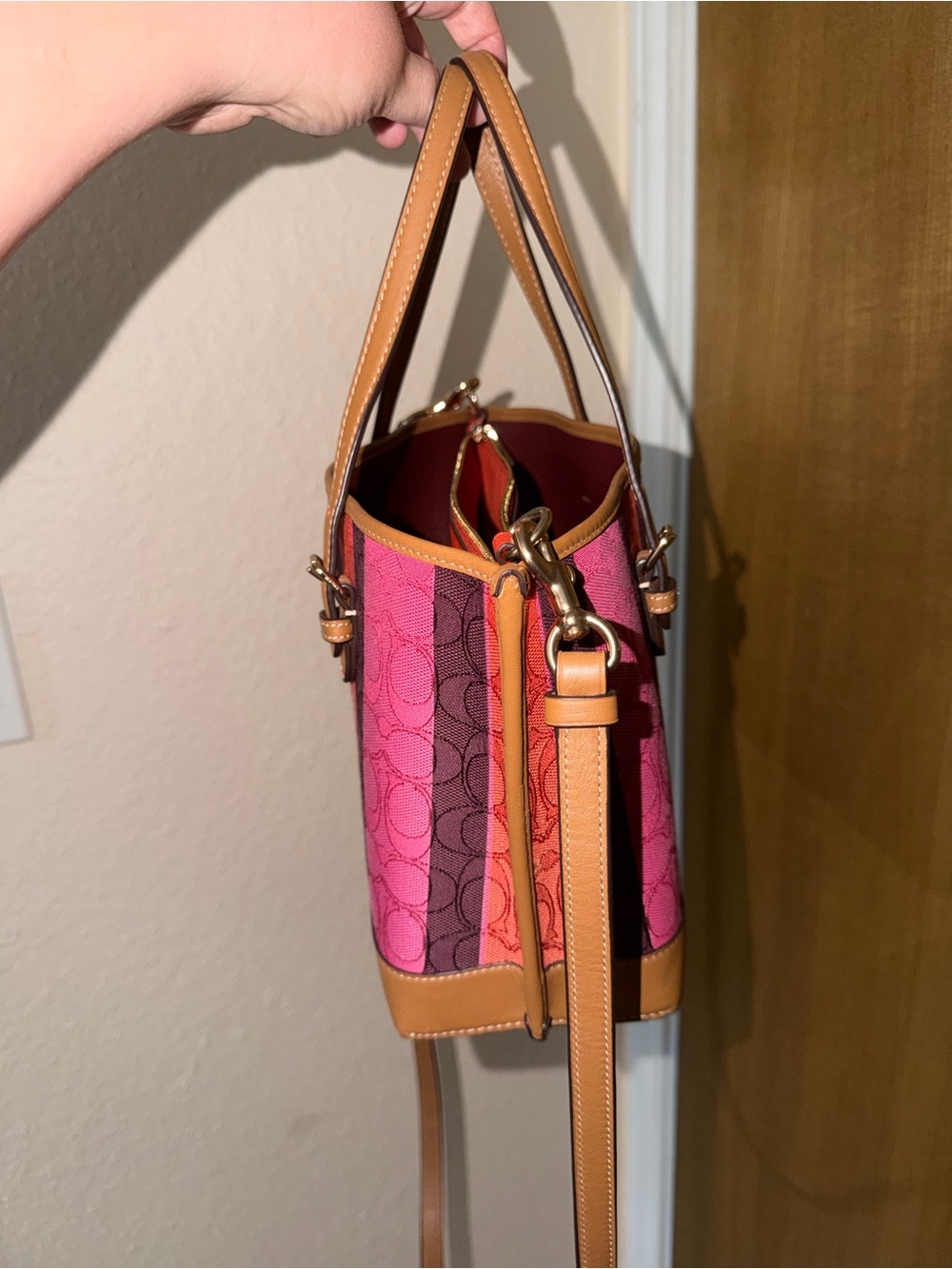 Coach Mollie 25 Pink and Orange Stripe Satchel with Tan Trim - Picture 6 of 16